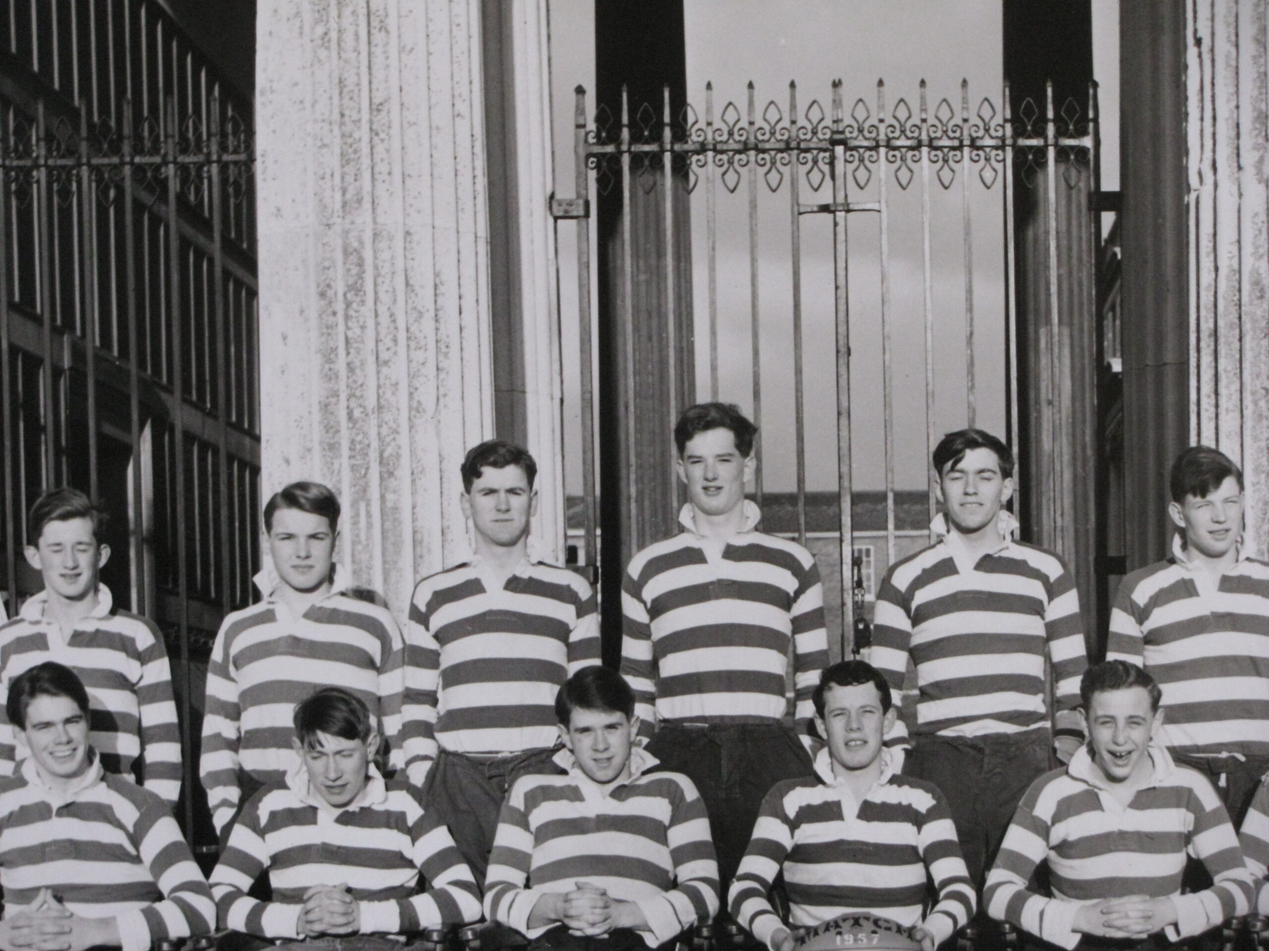 Image of 1957 Haileybury Rugby XV with William Naesmyth of Posso shown at the back (centre)