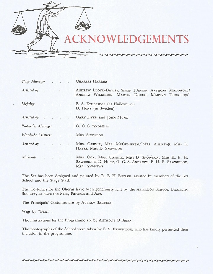 Haileybury Mikado Programme from 1964 Acknowledgements